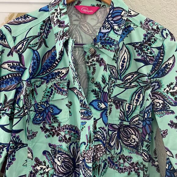 NEW Pappagallo Aqua Blue Floral Snap Front Jacket Nautical Coastal Vacation - Picture 2 of 6